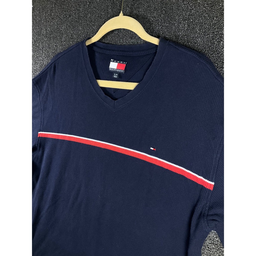 Tommy Hilfiger Mens XL V-Neck Ribbed T-Shirt Navy Blue Red White Stripe Vintage